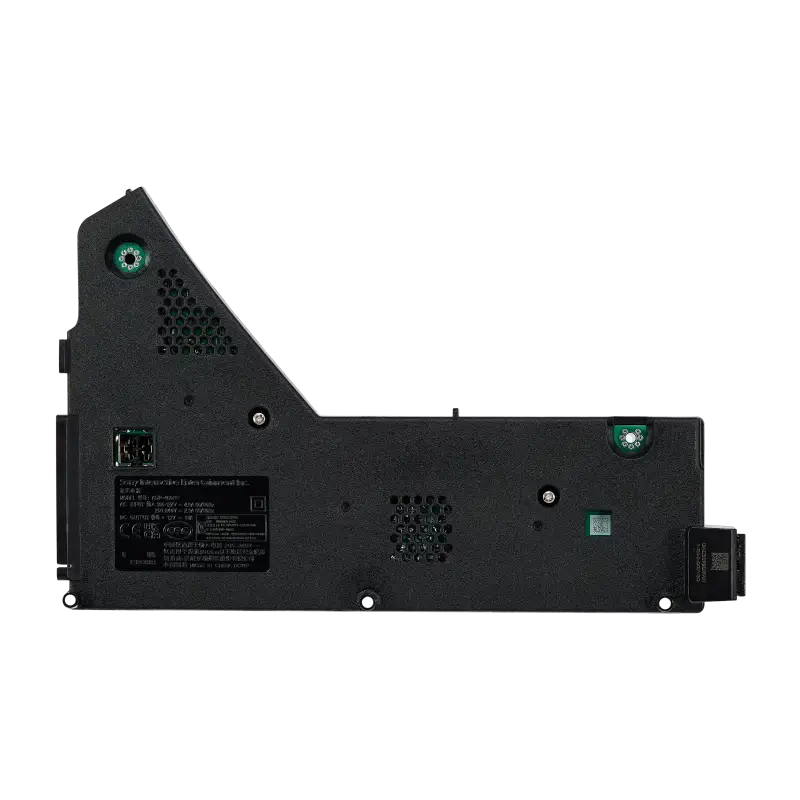Black ADP-400FR internal power supply for compatible PS5 CFI-12XX consoles, shown from multiple angles with its identification label, ventilation openings, mounting points and connectors - THARAA STORE