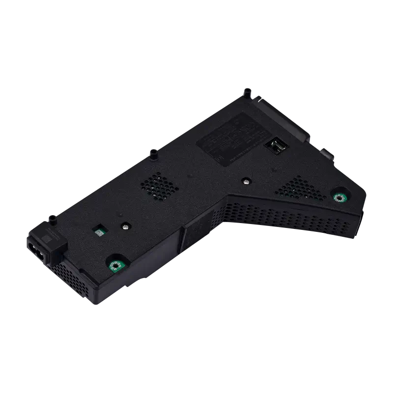 Black ADP-400FR internal power supply for compatible PS5 CFI-12XX consoles, shown from multiple angles with its identification label, ventilation openings, mounting points and connectors - THARAA STORE
