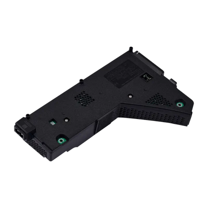 Black ADP-400FR internal power supply for compatible PS5 CFI-12XX consoles, shown from multiple angles with its identification label, ventilation openings, mounting points and connectors - THARAA STORE