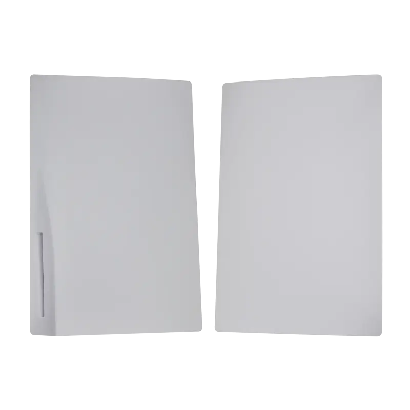 White top and bottom replacement faceplate panels for the PS5 Disc Edition, shown from the exterior and inner sides with mounting clips visible - THARAA STORE