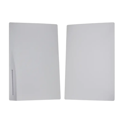White top and bottom replacement faceplate panels for the PS5 Disc Edition, shown from the exterior and inner sides with mounting clips visible - THARAA STORE