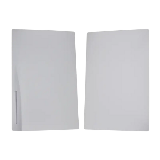 White top and bottom replacement faceplate panels for the PS5 Disc Edition, shown from the exterior and inner sides with mounting clips visible - THARAA STORE