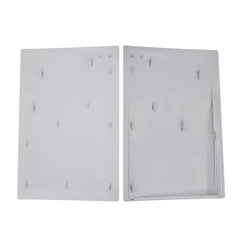 White top and bottom replacement faceplate panels for the PS5 Disc Edition, shown from the exterior and inner sides with mounting clips visible - THARAA STORE