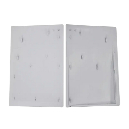 White top and bottom replacement faceplate panels for the PS5 Disc Edition, shown from the exterior and inner sides with mounting clips visible - THARAA STORE