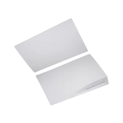 White top and bottom replacement faceplate panels for the PS5 Disc Edition, shown from the exterior and inner sides with mounting clips visible - THARAA STORE