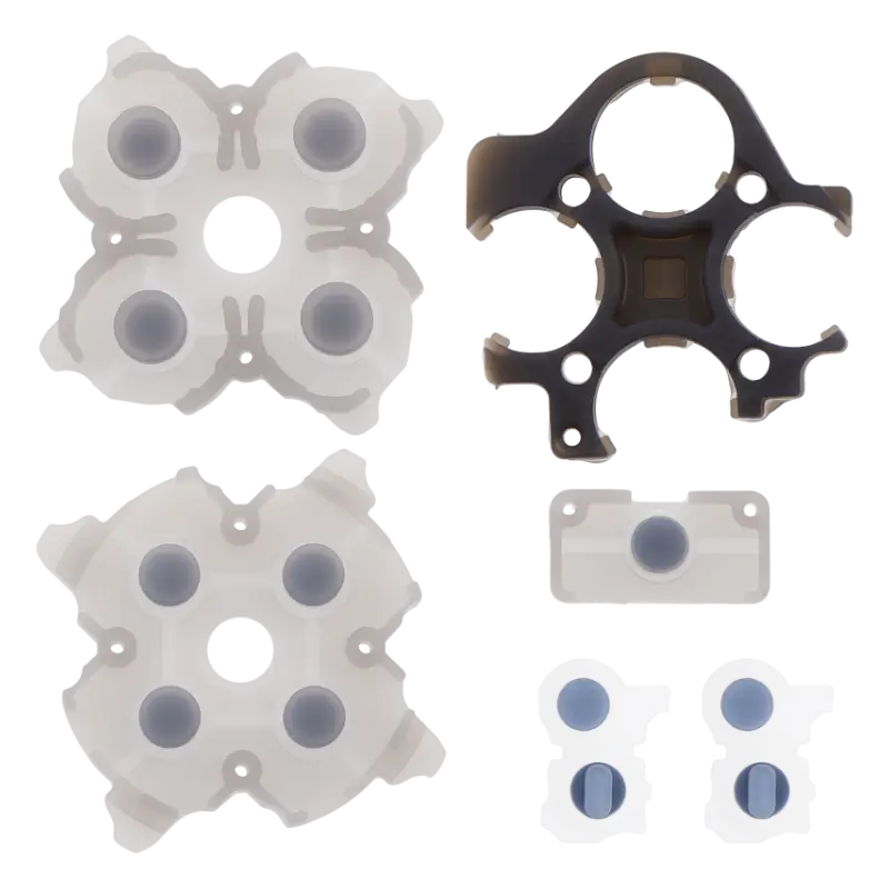 PS5 DualSense V3 replacement conductive rubber pads and internal contact components, shown in white and dark colours from multiple angles - THARAA STORE