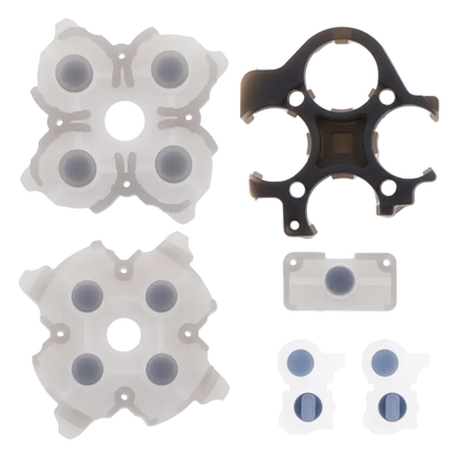 PS5 DualSense V3 replacement conductive rubber pads and internal contact components, shown in white and dark colours from multiple angles - THARAA STORE