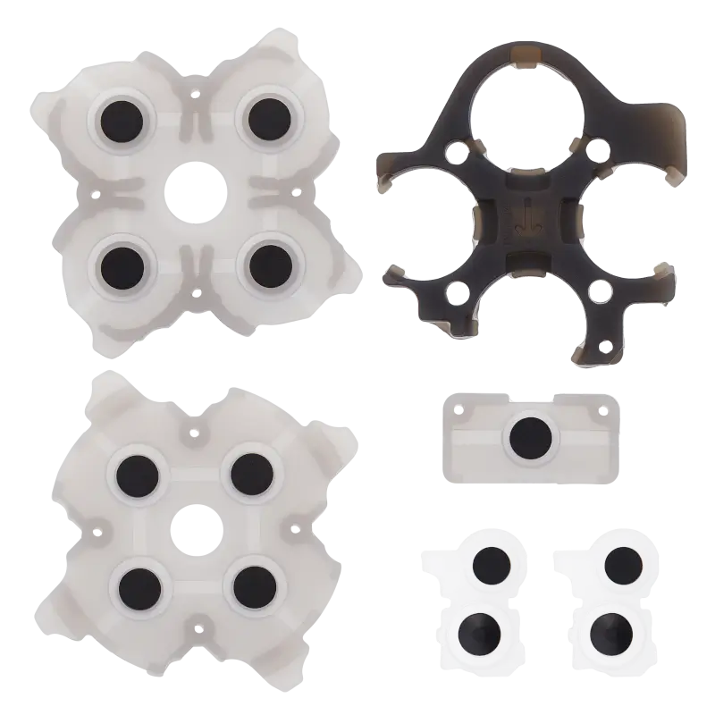 PS5 DualSense V3 replacement conductive rubber pads and internal contact components, shown in white and dark colours from multiple angles - THARAA STORE