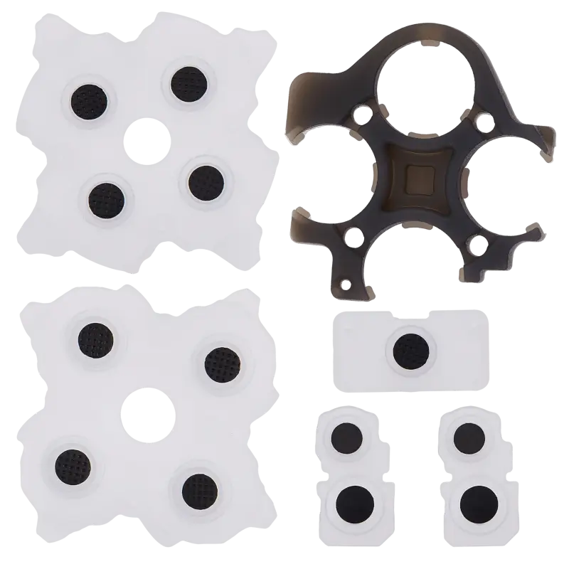 PS5 DualSense Version 2 replacement conductive rubber membranes with dark contact areas and a dark internal support component, shown from multiple angles - THARAA STORE