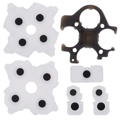 PS5 DualSense Version 2 replacement conductive rubber membranes with dark contact areas and a dark internal support component, shown from multiple angles - THARAA STORE