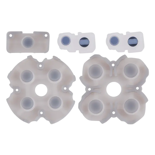 PS5 DualSense Version 1 conductive rubber pad set showing translucent button membranes and smaller contact pieces from multiple angles - THARAA STORE