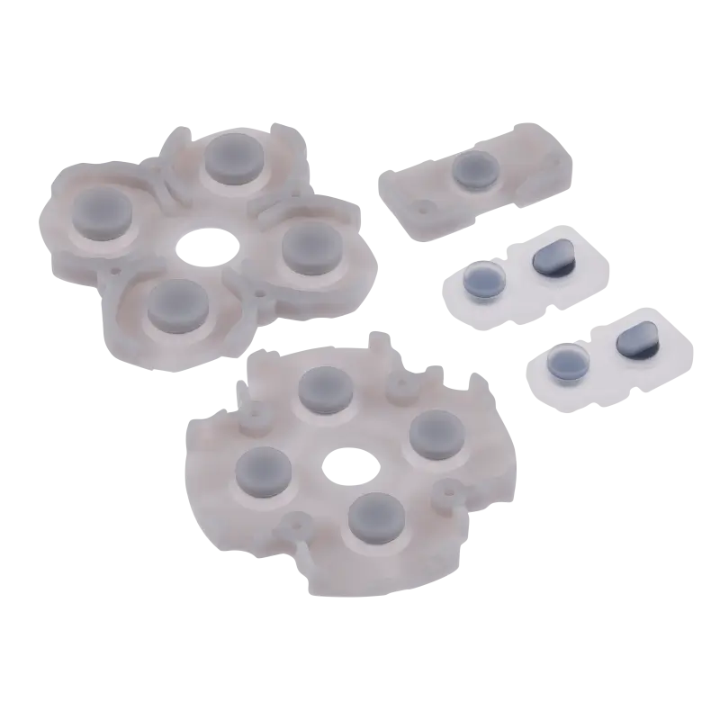 PS5 DualSense Version 1 conductive rubber pad set showing translucent button membranes and smaller contact pieces from multiple angles - THARAA STORE