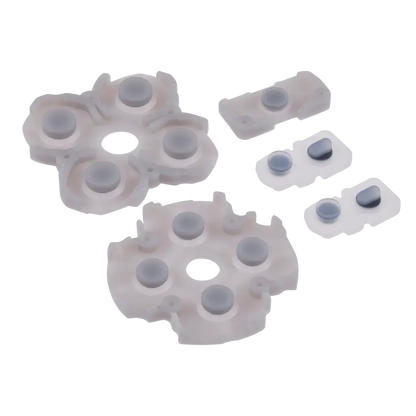 PS5 DualSense Version 1 conductive rubber pad set showing translucent button membranes and smaller contact pieces from multiple angles - THARAA STORE