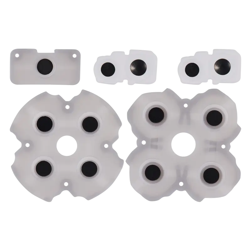 PS5 DualSense Version 1 conductive rubber pad set showing translucent button membranes and smaller contact pieces from multiple angles - THARAA STORE