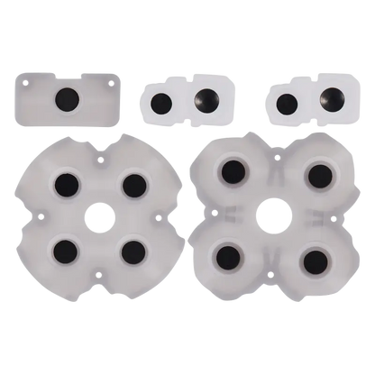 PS5 DualSense Version 1 conductive rubber pad set showing translucent button membranes and smaller contact pieces from multiple angles - THARAA STORE