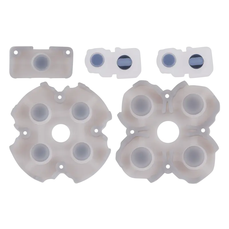 PS5 DualSense Version 1 conductive rubber pad set showing translucent button membranes and smaller contact pieces from multiple angles - THARAA STORE