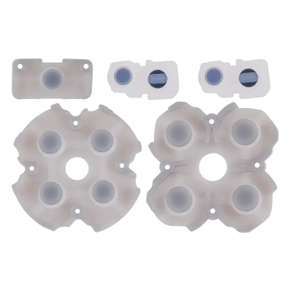 PS5 DualSense Version 1 conductive rubber pad set showing translucent button membranes and smaller contact pieces from multiple angles - THARAA STORE