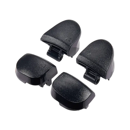 Four black PS5 DualSense replacement buttons labelled L1, R1, L2 and R2, shown from the front and rear with their mounting structures visible - THARAA STORE