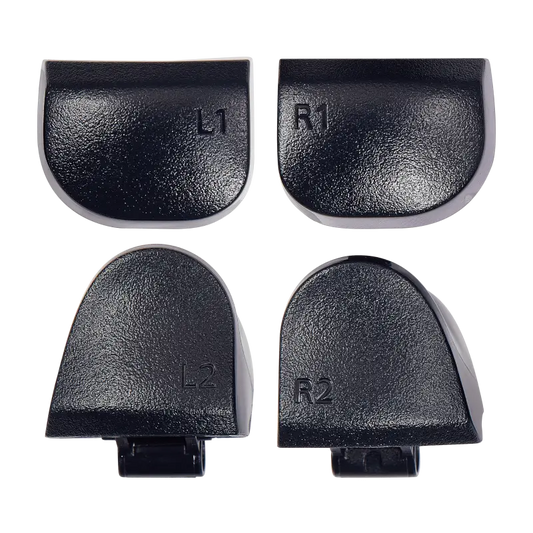  Four black PS5 DualSense replacement trigger buttons labelled L1, R1, L2 and R2, shown from the front and rear with their mounting structures visibl - THARAA STORE
