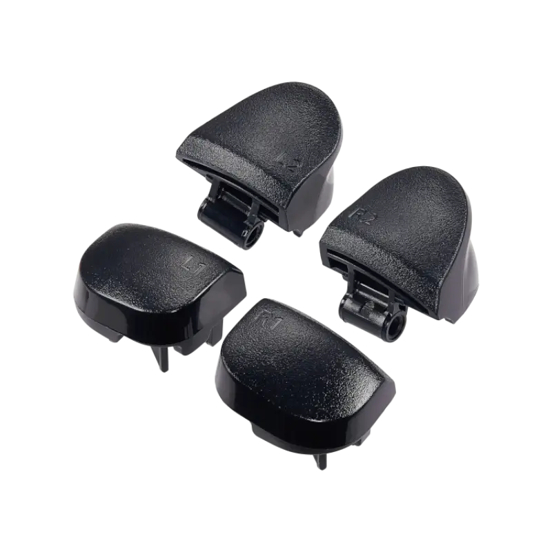  Four black PS5 DualSense replacement trigger buttons labelled L1, R1, L2 and R2, shown from the front and rear with their mounting structures visibl - THARAA STORE