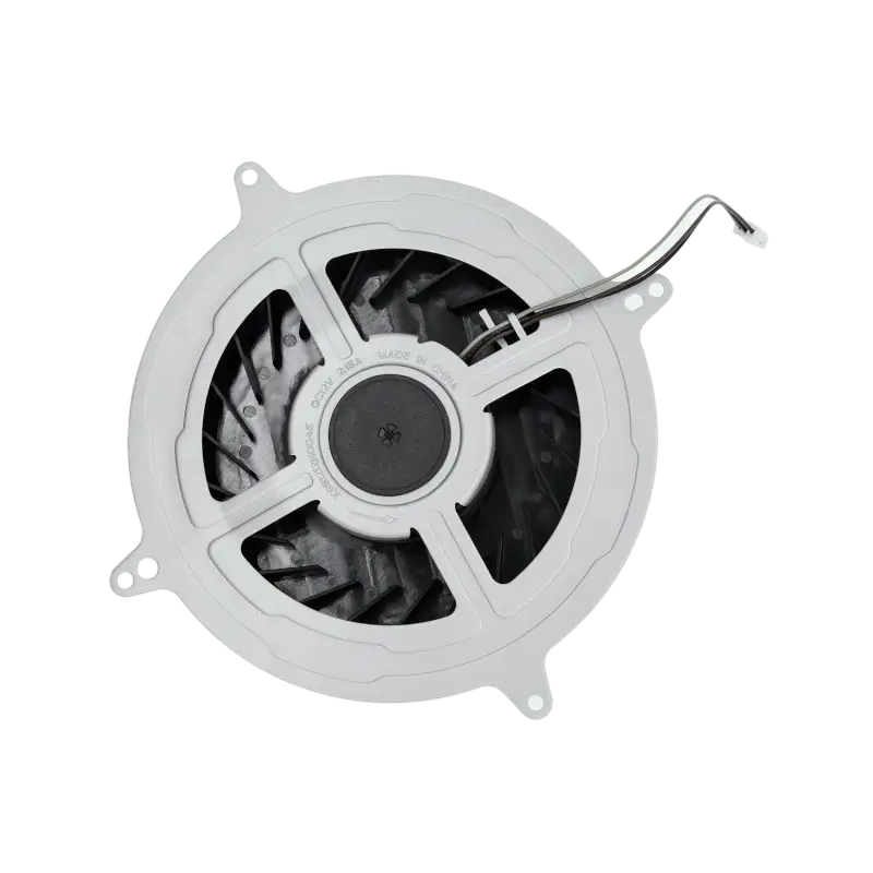 PS5 internal cooling fan with a black 23-blade impeller, light-coloured mounting frame and attached power connector, shown from multiple angles - THARAA STORE