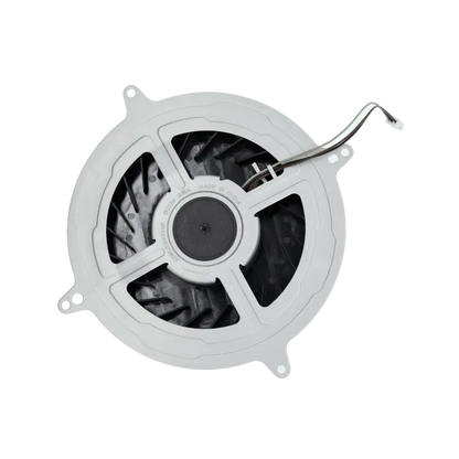 PS5 internal cooling fan with a black 23-blade impeller, light-coloured mounting frame and attached power connector, shown from multiple angles - THARAA STORE