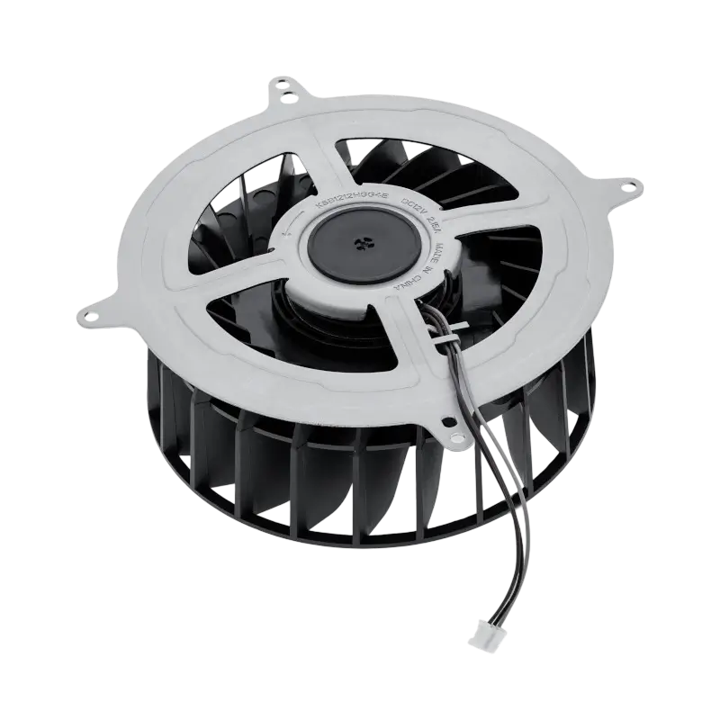 PS5 internal cooling fan with a black 23-blade impeller, light-coloured mounting frame and attached power connector, shown from multiple angles - THARAA STORE