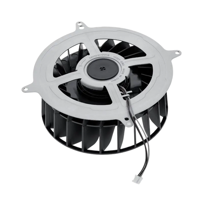PS5 internal cooling fan with a black 23-blade impeller, light-coloured mounting frame and attached power connector, shown from multiple angles - THARAA STORE