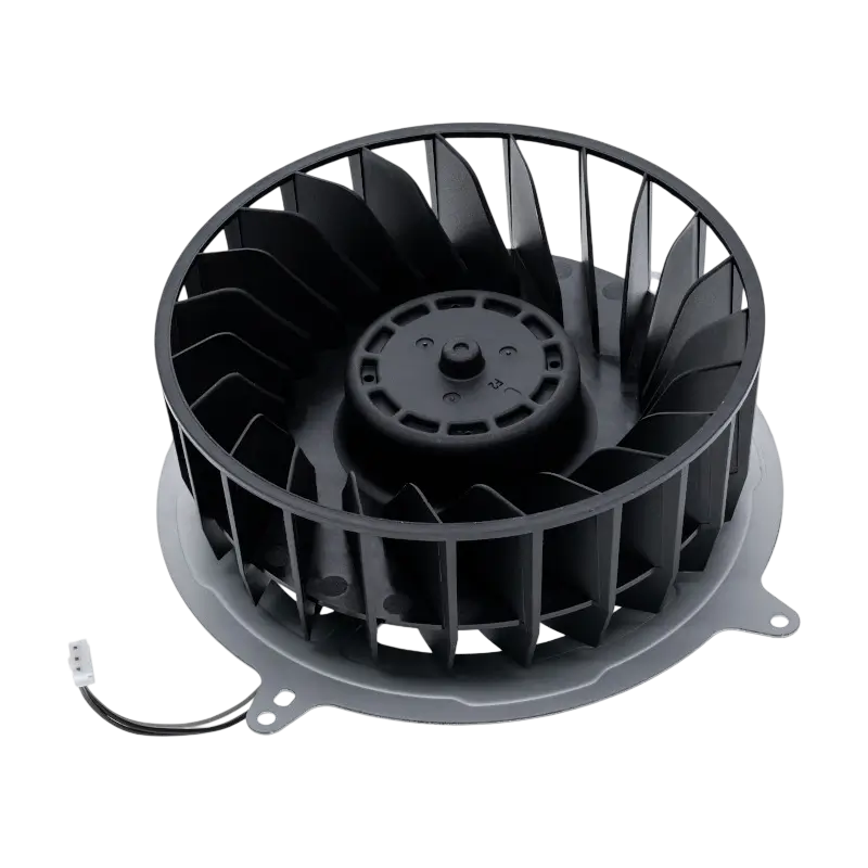 PS5 internal cooling fan with a black 23-blade impeller, light-coloured mounting frame and attached power connector, shown from multiple angles - THARAA STORE