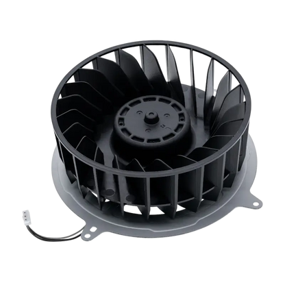 PS5 internal cooling fan with a black 23-blade impeller, light-coloured mounting frame and attached power connector, shown from multiple angles - THARAA STORE