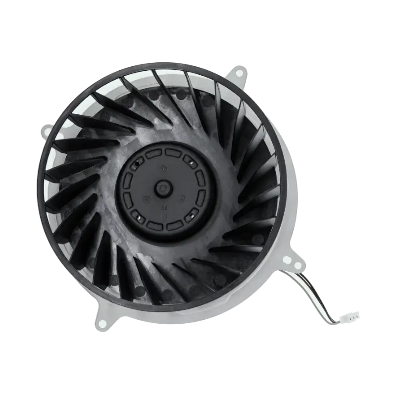PS5 internal cooling fan with a black 23-blade impeller, light-coloured mounting frame and attached power connector, shown from multiple angles - THARAA STORE