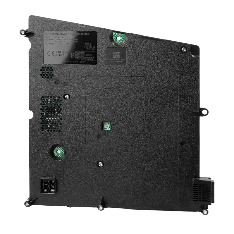 Black ADP-420DR internal power supply for PS5 Pro, shown from multiple angles with ventilation openings, mounting points, power connector, and specification label - THARAA STORE