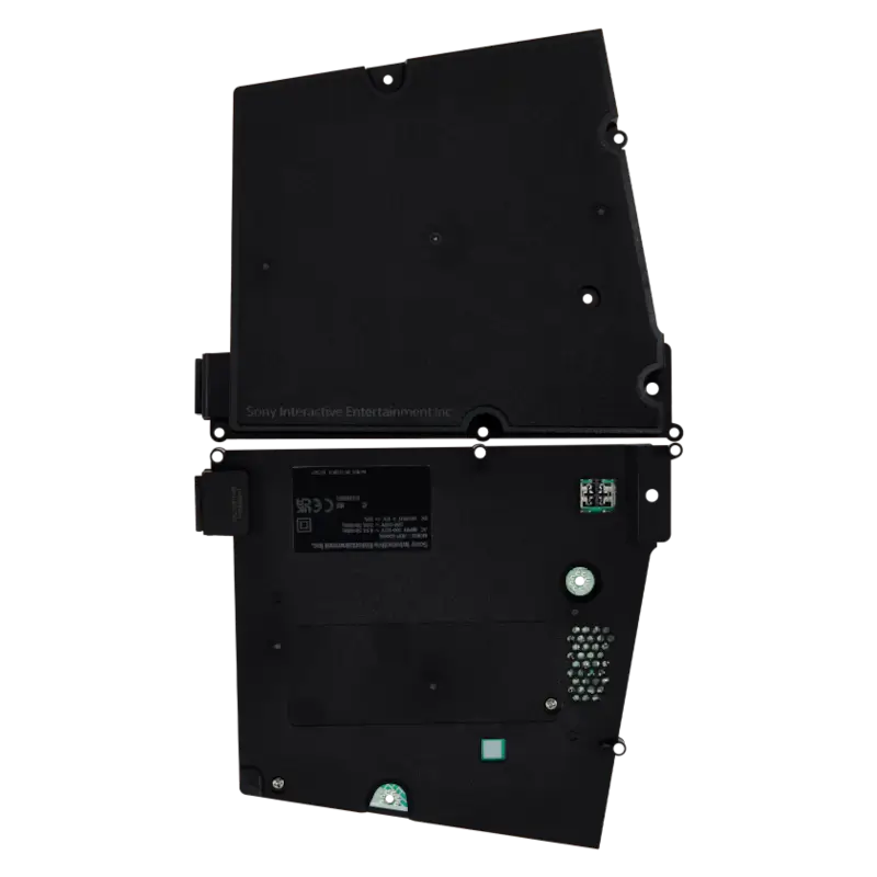 Black ADP-400GR internal power supply for PS5 Slim, shown from multiple angles with its identification label, ventilation openings, mounting points and AC power inlet - THARAA STORE