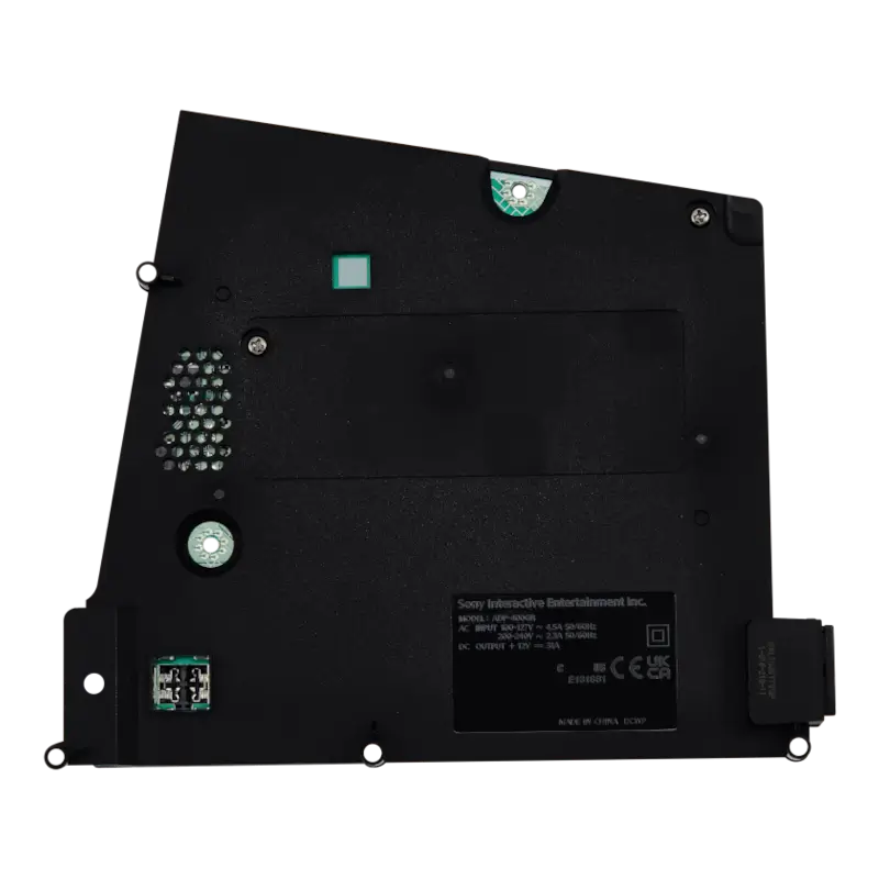 Black ADP-400GR internal power supply for PS5 Slim, shown from multiple angles with its identification label, ventilation openings, mounting points and AC power inlet - THARAA STORE