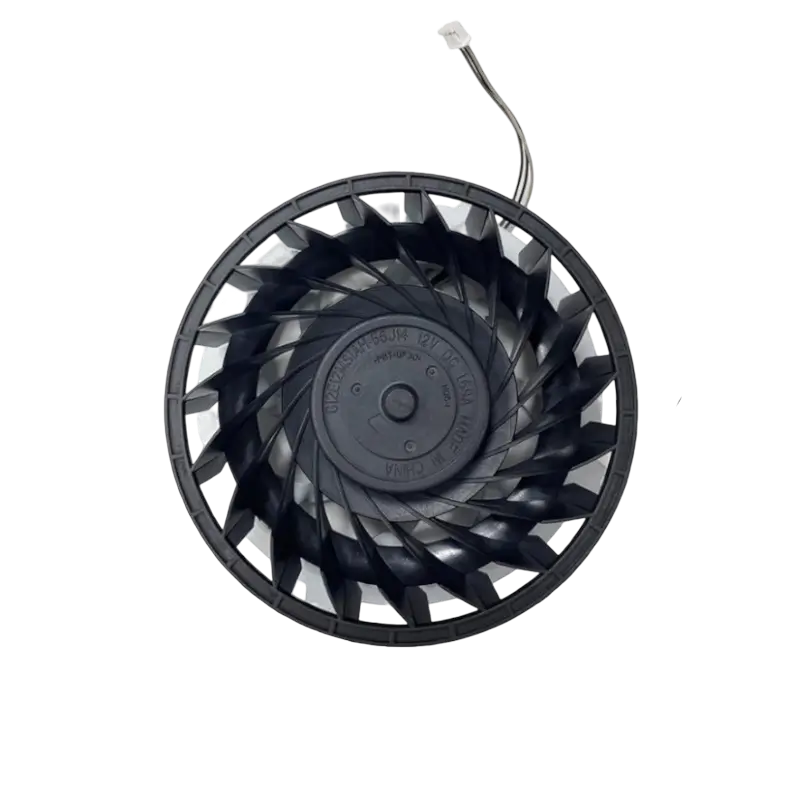 Black PS5 Slim internal cooling fan with 19-blade impeller, mounting frame and attached three-wire connector, shown from multiple angles - THARAA STORE