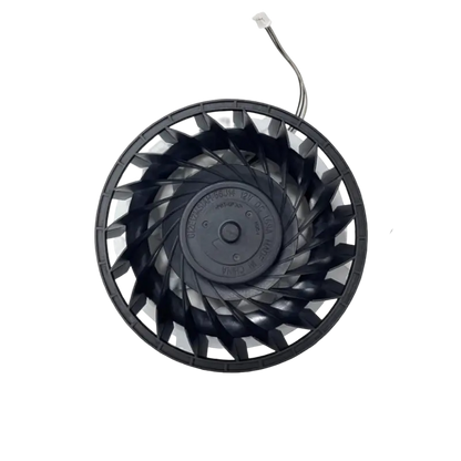 Black PS5 Slim internal cooling fan with 19-blade impeller, mounting frame and attached three-wire connector, shown from multiple angles - THARAA STORE