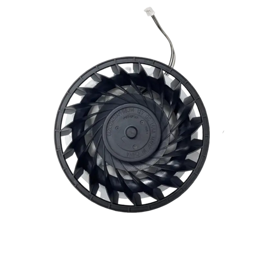 Black PS5 Slim internal cooling fan with 19-blade impeller, mounting frame and attached three-wire connector, shown from multiple angles - THARAA STORE