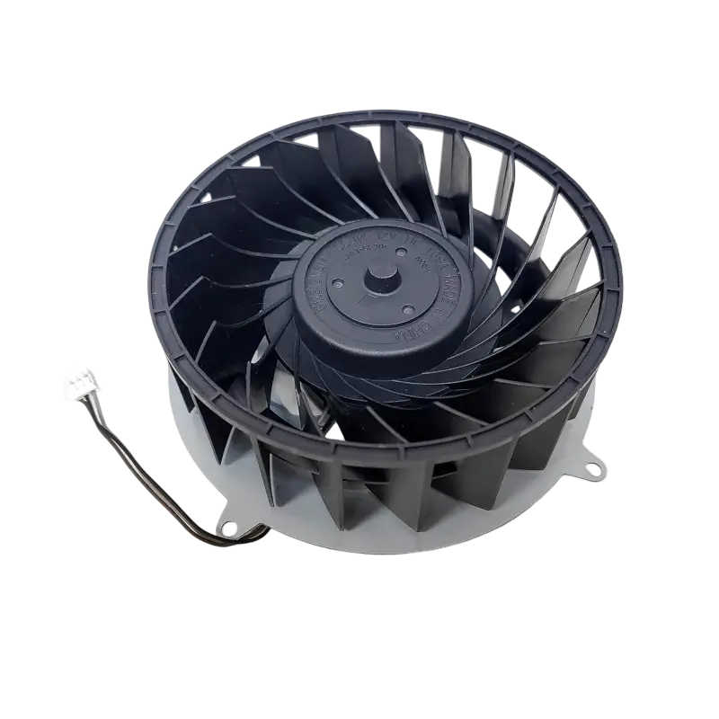 Black PS5 Slim internal cooling fan with 19-blade impeller, mounting frame and attached three-wire connector, shown from multiple angles - THARAA STORE