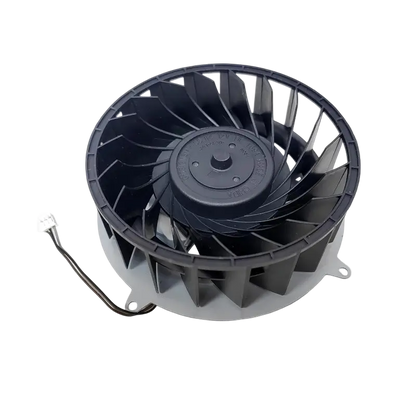 Black PS5 Slim internal cooling fan with 19-blade impeller, mounting frame and attached three-wire connector, shown from multiple angles - THARAA STORE