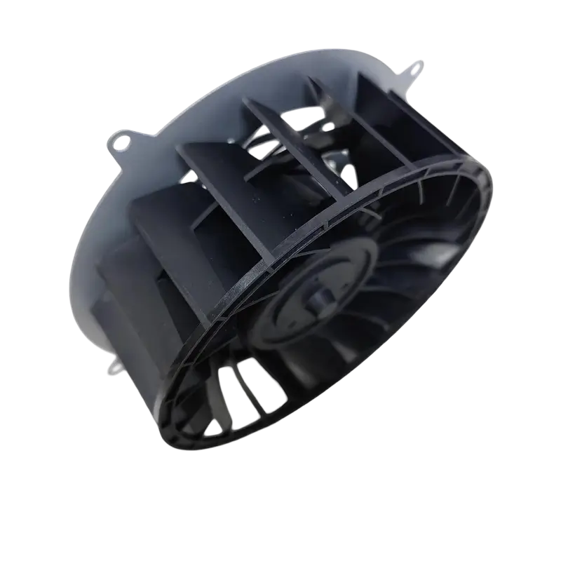 Black PS5 Slim internal cooling fan with 19-blade impeller, mounting frame and attached three-wire connector, shown from multiple angles - THARAA STORE
