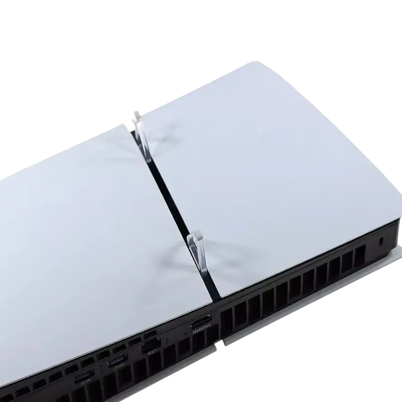 Pair of transparent triangular horizontal support feet with gray contact pads for a PS5 Slim console - THARAA STORE