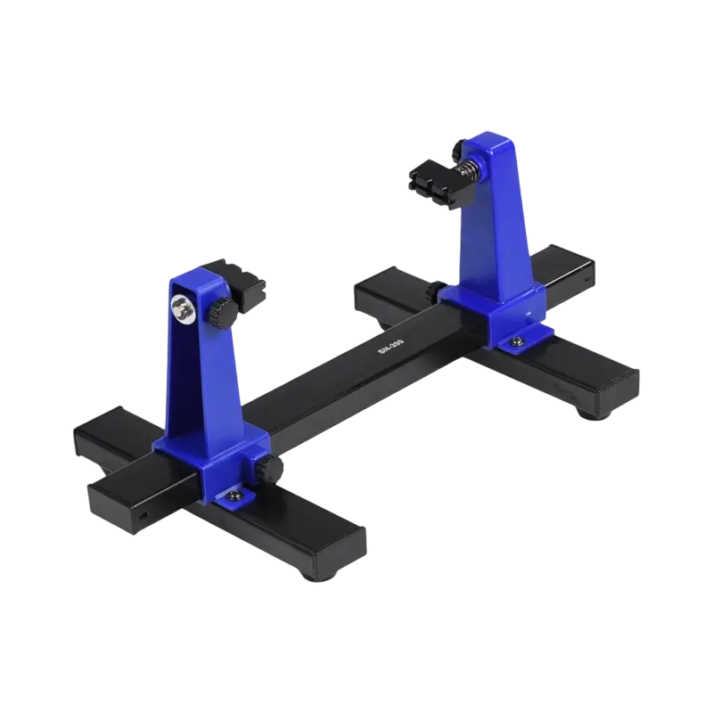 SN-390 adjustable PCB holder with a black metal base, blue plastic supports, and screw-adjusted clamps for holding circuit boards - THARAA STORE