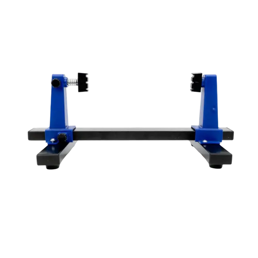 SN-390 adjustable PCB holder with a black metal base, blue plastic supports, and screw-adjusted clamps for holding circuit boards - THARAA STORE