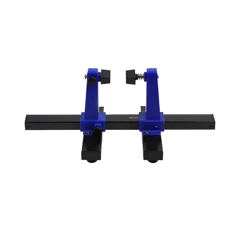 SN-390 adjustable PCB holder with a black metal base, blue plastic supports, and screw-adjusted clamps for holding circuit boards - THARAA STORE