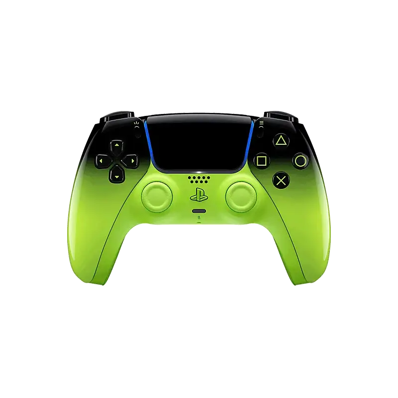 Sony DualSense Remix Green wireless controller with a glossy black-to-neon-green gradient, front buttons, rear design, and PlayStation retail packaging - THARAA STORE