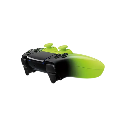 Sony DualSense Remix Green wireless controller with a glossy black-to-neon-green gradient, front buttons, rear design, and PlayStation retail packaging - THARAA STORE