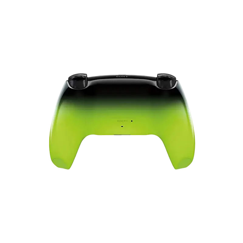 Sony DualSense Remix Green wireless controller with a glossy black-to-neon-green gradient, front buttons, rear design, and PlayStation retail packaging - THARAA STORE