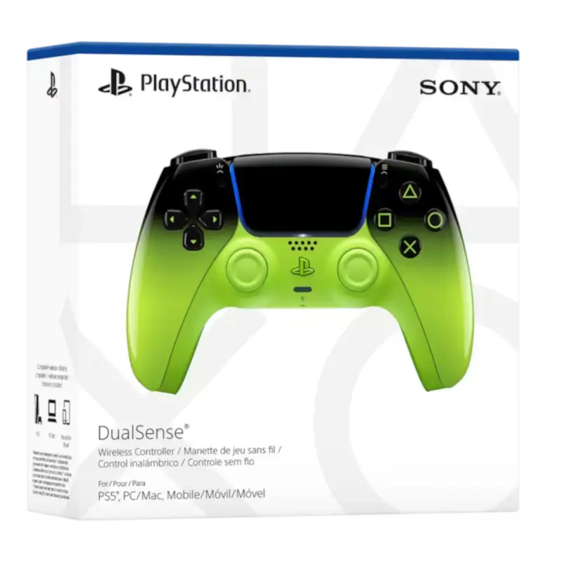 Sony DualSense Remix Green wireless controller with a glossy black-to-neon-green gradient, front buttons, rear design, and PlayStation retail packaging - THARAA STORE