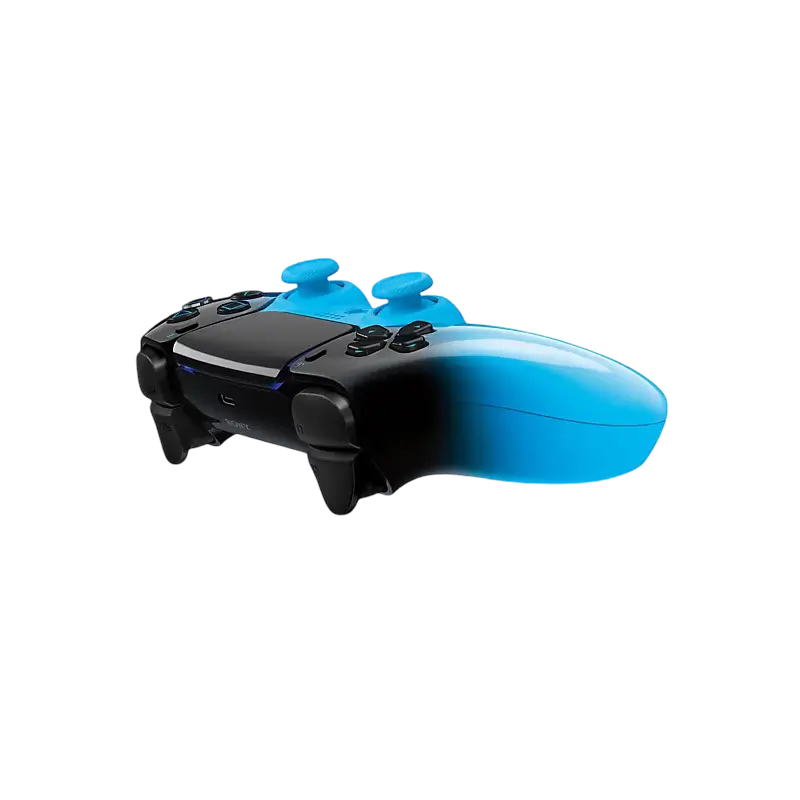 Sony DualSense Rhythm Blue wireless controller with a glossy black-to-blue gradient, front buttons, rear design, and PlayStation retail packaging - THARAA STORE