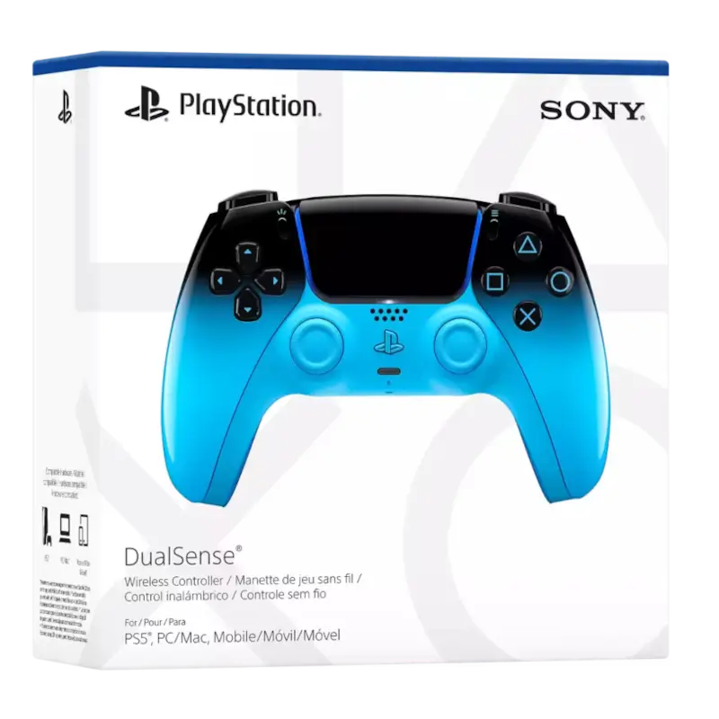 Sony DualSense Rhythm Blue wireless controller with a glossy black-to-blue gradient, front buttons, rear design, and PlayStation retail packaging - THARAA STORE